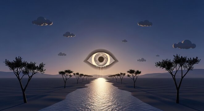 Surreal landscape with giant crying eye above serene water path