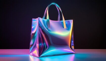 futuristic iridescent shopping bag showcasing holographic design with neon outlines