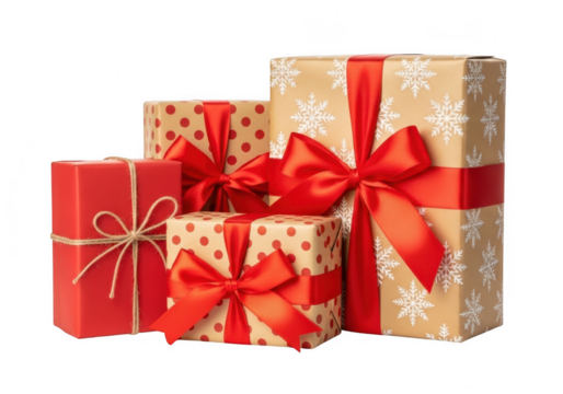 Assortment of gift boxes with red ribbons, isolated on transparent background - Powered by Adobe