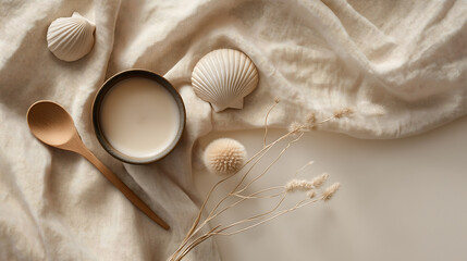 Cloud dancer minimalist aesthetic composition of shells cup spoon and flora on beige fabric colour of the year 2026
