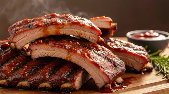 Juicy B Q Pork Ribs Smoked Slow Cooked Glazed Delicious Meat Entree Appetizing Meal Preparation vector illustration EPS file download.
