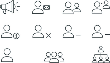 Outline vector icon set for user interface design featuring public announcement, mail contact, adding/removing people, group representation, and organizational hierarchy symbols.