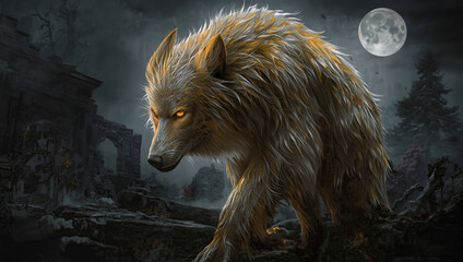 A detailed fantasy painting of a mysterious werewolf with shimmering silver and gold fur, glowing eyes illuminated by a bright full moon