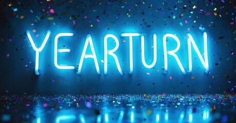 Bright neon sign spells YEARTURN amid confetti. Festive, celebratory mood with vibrant blue illumination. Dark background enhances glow.