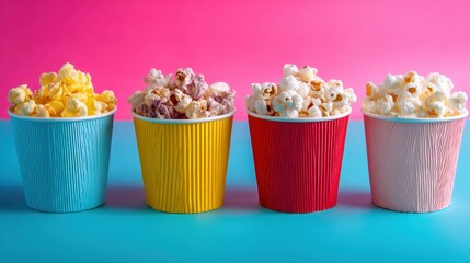 Four cups of popcorn in different colors sit in a line on a blue surface with a bright pink background. Each cup contains a unique flavor adding excitement to any gathering or celebration.