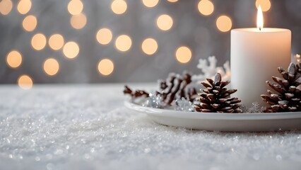 cozy winter candle with pinecones and christmas bokeh lights