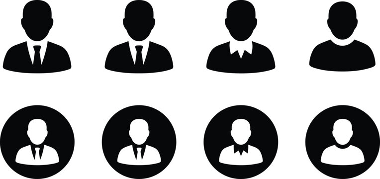 Professional black and white vector icon set featuring business people, corporate staff, and individual user avatars for social media profiles and network identity symbols.