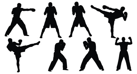 Silhouetted figures demonstrating martial arts poses and movements in a dynamic display of athleticism and skill
