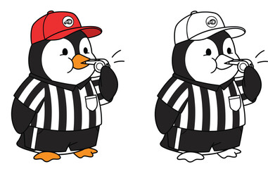 Cartoon penguin referee blowing a whistle vector illustration Cute animal judge character Coloring book page outline and colorful version isolated on white background