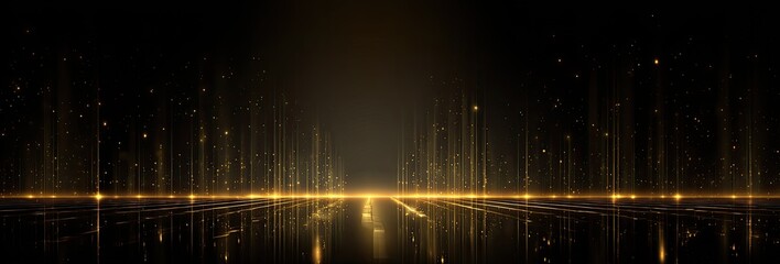 Abstract golden light backdrop, dark background, shining particles and lines, digital art. Futuristic design