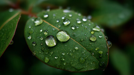 Green leaf with dew water drops, closeup natural background