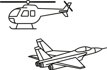 Outline illustration of modern aviation, showcasing a passenger helicopter and a supersonic fighter jet, representing air transport, military power, and travel technology.
