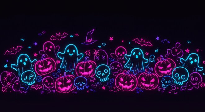 Neon Halloween Landscape Ghosts, Pumpkins, Bats, Skulls, and Witch Hat