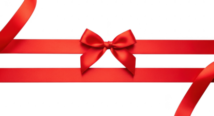 Red satin bow with ribbons, isolated on transparent background