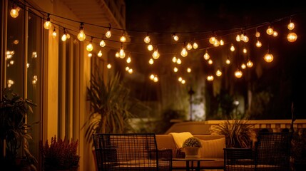 String lights illuminate a patio at night casting a warm glow over the seating area. Plants and comfortable furniture provide a welcoming space for friends and family to enjoy the evening.