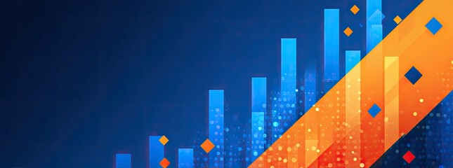 Abstract graphic with data visualization elements, blue bar chart, orange diagonal, and colored diamond shapes