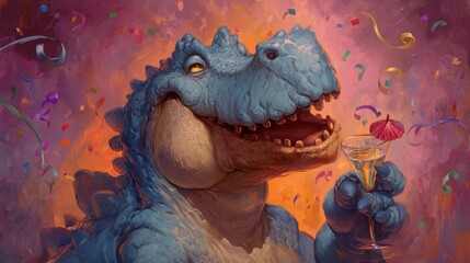 A cheerful dinosaur holds a tropical drink decorated with a small umbrella while surrounded by colorful confetti celebrating joyfully at a lively party atmosphere.