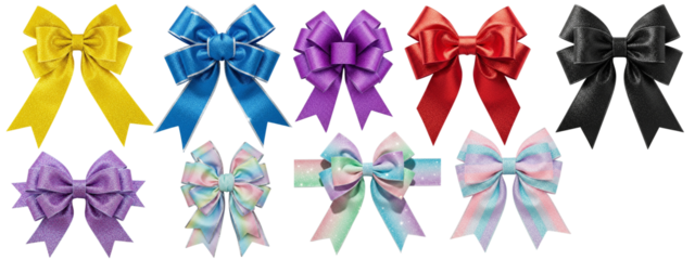 Set of glitterry gift bows for christmas presents. The bows are presented in several solid colors and tie-dye patterns.