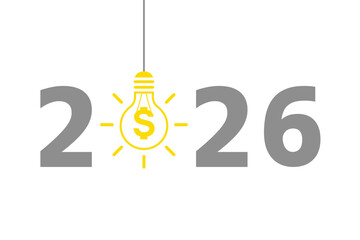 2026 design with hanging light bulb and dollar sign on white background