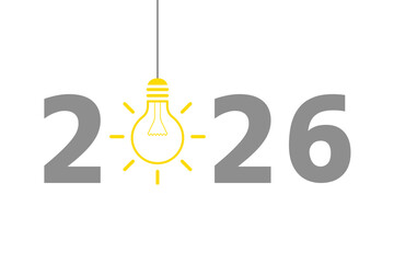 2026 design with hanging outline light bulb on white background