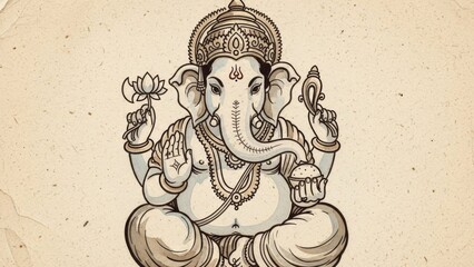Intricate Line Drawing of the Hindu God Ganesha with Traditional Symbols and