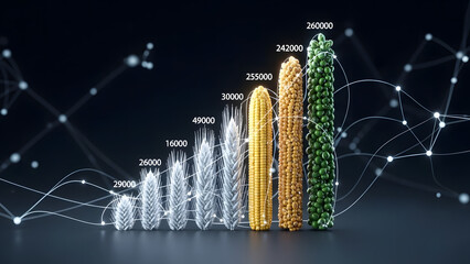 Visualizing agricultural production data through growing grain stalks, depicting increasing crop yields and market trends within a connected digital network