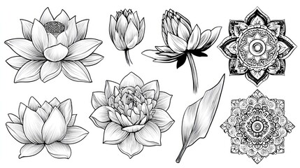 Detailed collection of stylized floral elements and intricate mandalas rendered in black and white line art
