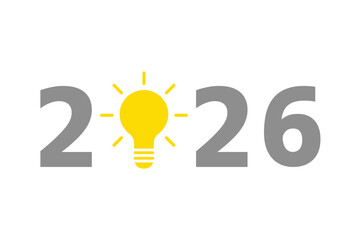 2026 design with solid yellow light bulb on white background