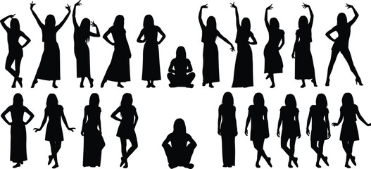 Female silhouette poses in various expressive gestures, fashion movement, character design reference, dance illustration, stylish body language, flat vector