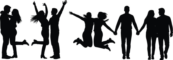 Romantic couple silhouettes, love poses, joyful moments, relationship expressions, affection, happiness, togetherness, bonding, companionship, celebration, flat vector