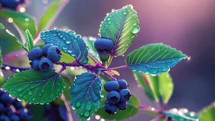 3d a close-up view of blueberries on a branch with water droplets on the leaves