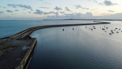 Obraz premium Aerial view of Holyhead breakwater and harbour