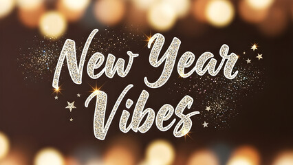 New Year Vibes Glitter Script Text with Bokeh Lights Background