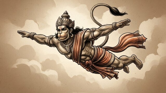 Majestic Monkey Warrior Soaring Through Clouded Skies in Mythical Flight Scene