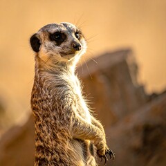 Fototapeta premium Alert meerkat standing upright, sunlit