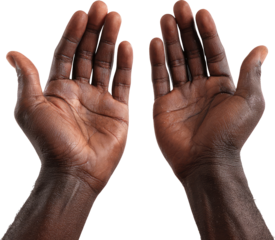 Open black hands raised in prayer showing spiritual faith and hope