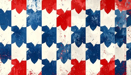 Patriotic-themed repeating pattern with distressed effect.  Red, blue, and white shapes arranged in a chequered design.  Abstract maple leaf motifs