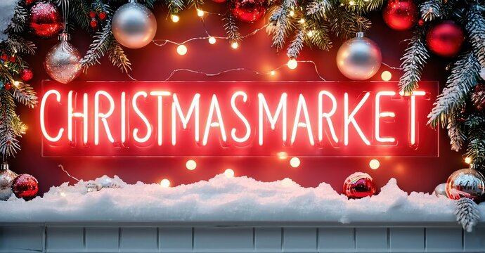 Bright neon sign displays Christmasmarket. Festive decorations include ornaments, snow, lights. Warm holiday atmosphere present.