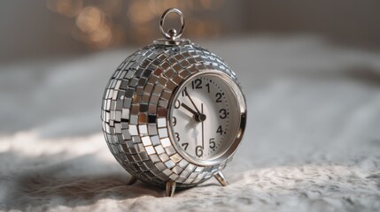 A shiny round clock designed like a disco ball sits on a delicate cloth. Soft afternoon light creates a warm atmosphere enhancing the clock's elegant look.