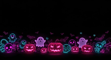 Electrifying neon Halloween border with glowing jack-o'-lanterns, spooky skulls, and playful ghosts illuminating a dark backdrop, perfect for festive and mysterious celebrations