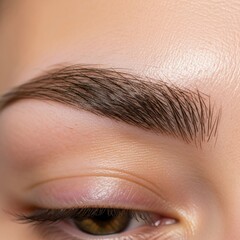 Obraz premium Beauty photography focusing on the perfect shape and texture of healed nano brows on a model with glowing skin.