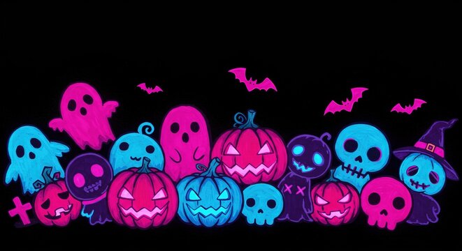 Playful neon Halloween illustration with cute ghosts, glowing pumpkins, and smiling skulls in vibrant pink and blue hues, perfect for festive spooky season designs