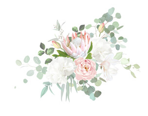 Pink garden rose, white magnolia, hydrangea, pink king protea, eucalyptus, sage greenery vector design wedding spring vector bouquet. Floral summer watercolor. Elements are isolated and editable