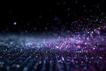 Abstract image with glowing particles and a grid in dark setting