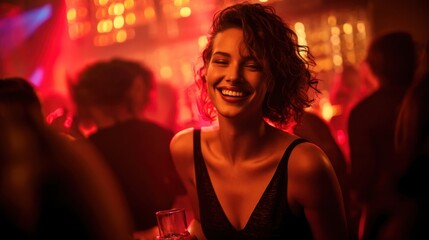 A happy woman with curly hair is smiling while holding a drink at a bustling club. Bright lights and excited people create an energetic nightlife scene emphasizing joy and celebration.