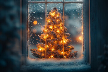 Generative ai image of glowing christmas tree seen through frosty winter window creating cozy festive holiday mood