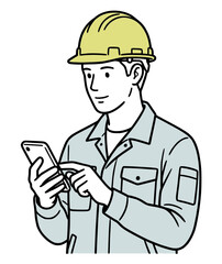 スマートフォンを操作する作業員のイラスト：現場のDXと連絡（シンプルな線画・ベクター）