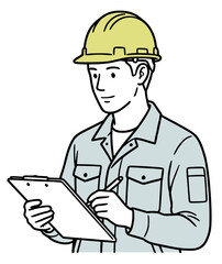 バインダーに記入する作業員のイラスト：点検と安全確認（シンプルな線画・ベクター）