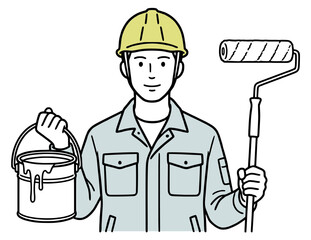 ローラーで塗装する作業員のイラスト：外壁塗装とリフォーム（シンプルな線画・ベクター）