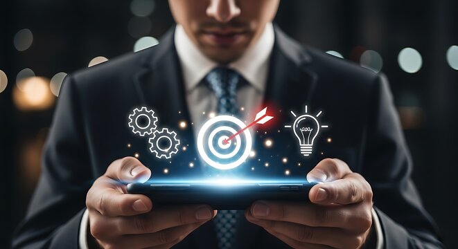 Business professional using smartphone for strategic planning and goal setting